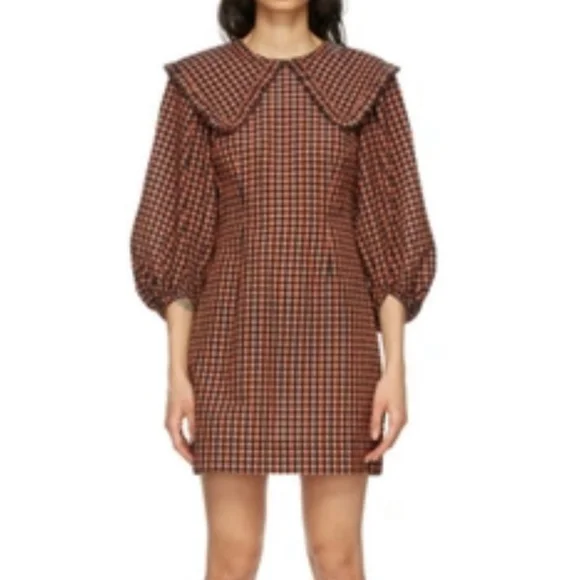GANNI SEERSUCKER CHECK MINI DRESS FLAME SIZE 38 - Picture 3 of 16